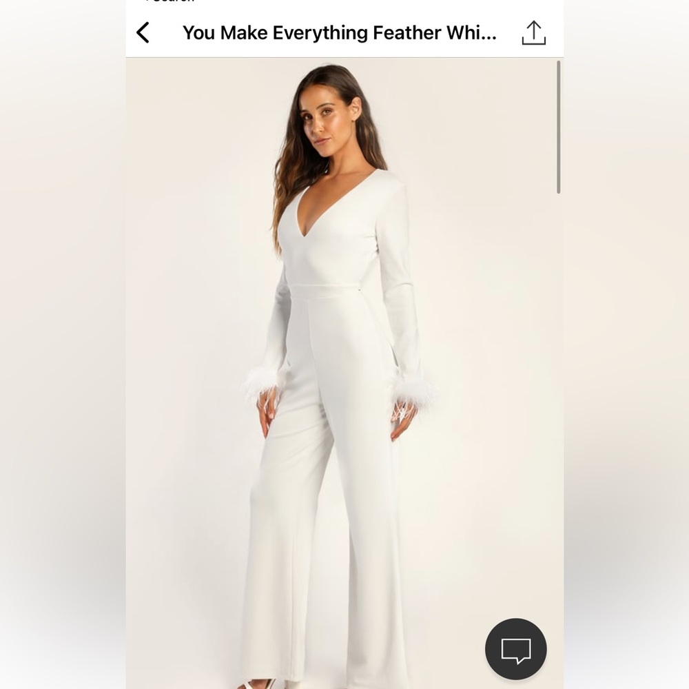 Lulu's Ivory V-Neck Wide-Leg Jumpsuit with Feather Cuffs
